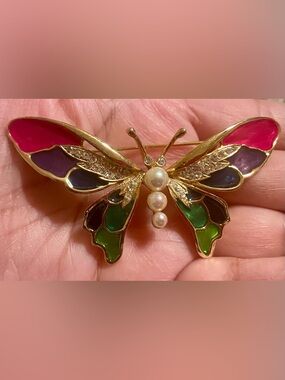 Gold Butterfly Brooch with Green Enamel and Pearl Body - Women Jewelry